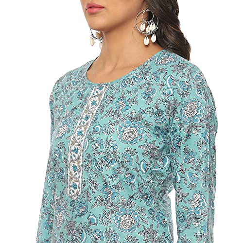 Buy BIBA Women's Turquoise Cotton Hand Block Print Unstitched Suit Set