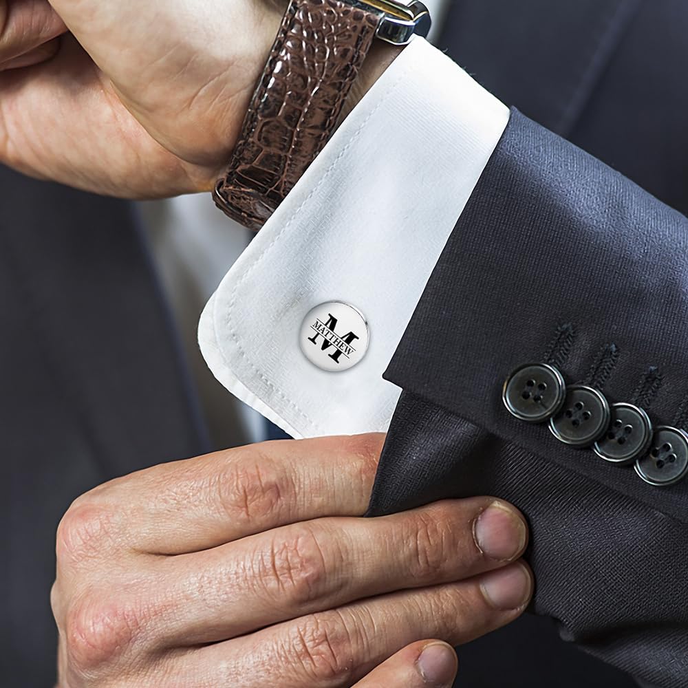 Personalized Mens Cufflinks and Tie Clip Set, Custom Name and Initials, Wedding Cufflinks for Groom Groomsmen Gift Dad (Sliver)