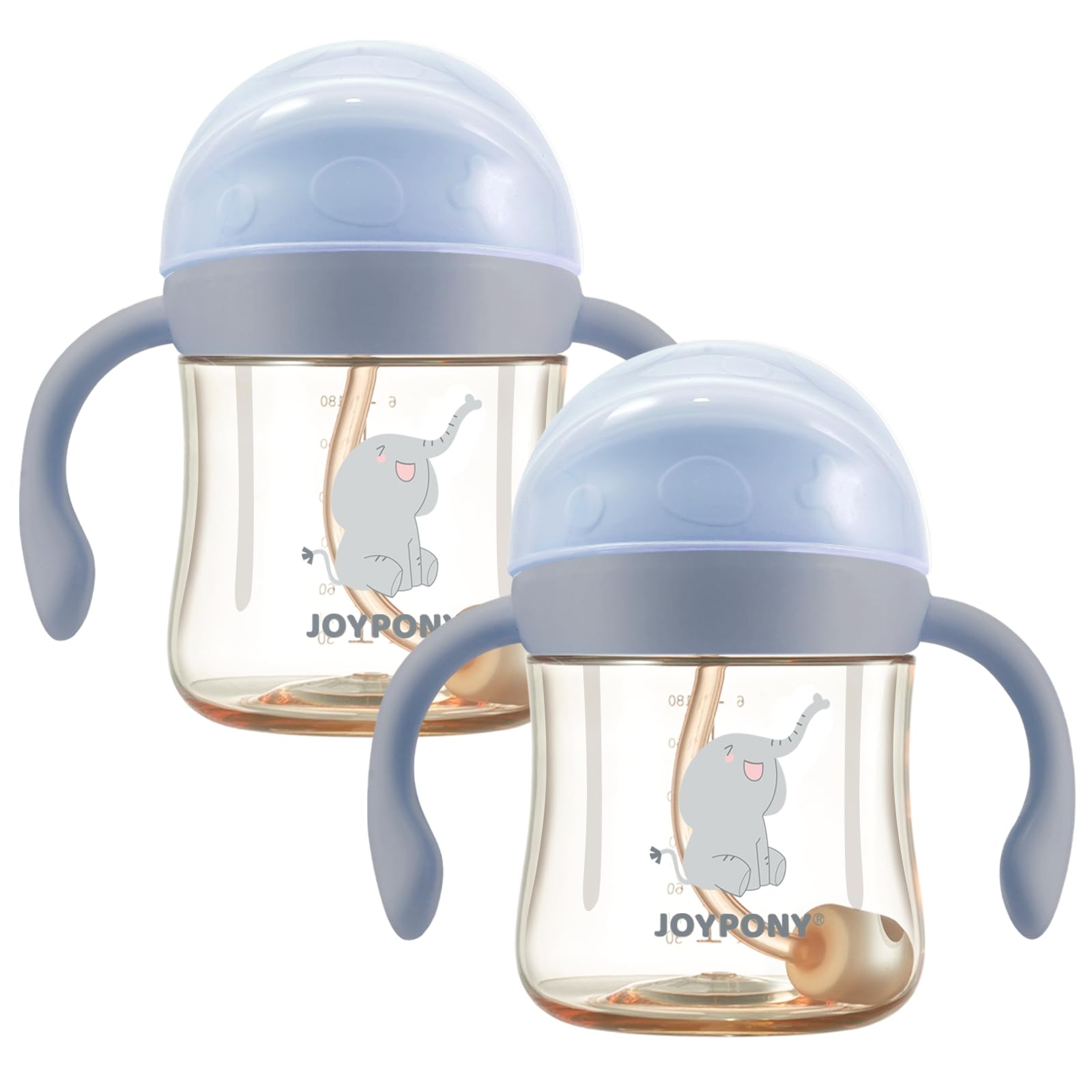 Joypony PPSU Sippy Cup for Toddlers 6-36 Months, Spill Proof Weighted Straw Cup with V-Valve & Handles, 177 ml BPA Free Baby Water Bottle for Transition with 2 Silicone Straws & Brush - Blue, 2 Pack