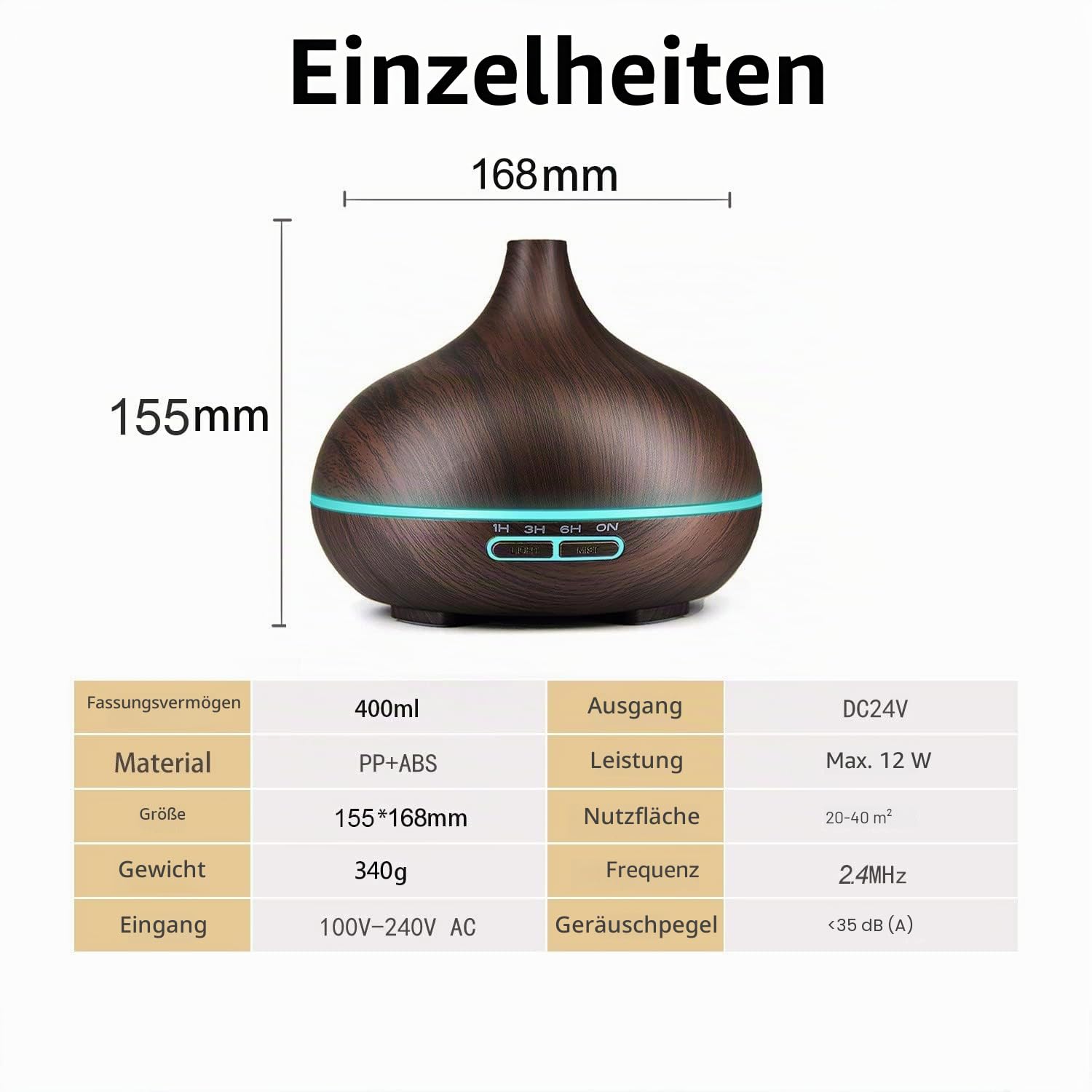 400ML Luftbefeuchter für Schlafzimmer Elektrischer Aromatherapie-Befeuchter im Holzmaserung mit 7-farbigem LED-Licht Leise Aroma Diffuser Wasserlose Auto-Off Duftöldiffusoren (Schwarz)