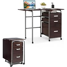 LIFEZEAL Folding Desk with 3 Drawers & Casters, Adjustable Computer Table with Metal Frame, Workstation with File Cabinets for Study, Load 100kg Brown