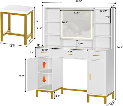 VIAGDO Vanity Desk with Openable Mirror and Lights, Glass Tabletop Makeup Vanity Set with Charging Station, White Vanity Table with 3 Drawers & 2 Cabinets, DIY Drawer Dividers, Hidden Hooks