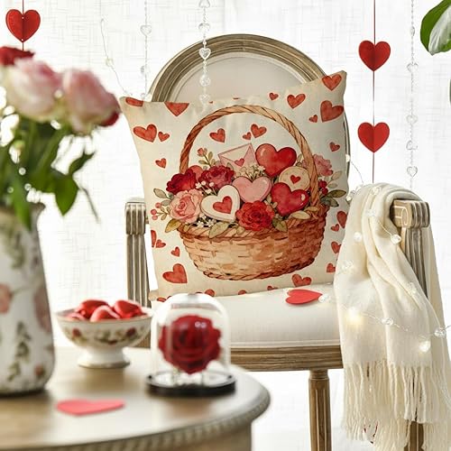 Miniatura 4 de Fundas de almohada de San Valentín de 18 x 18 pulgadas, decoración de flores, decoración de flores, cesta de corazón, funda de cojín para sofá,