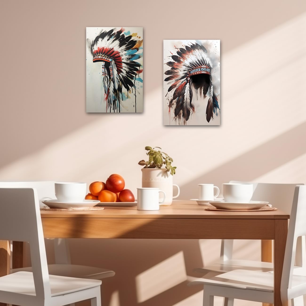 CXHOSTENT Native American Wall Art 2 Pieces Indian Chief Feather Headdress Canvas Prints Tribal Theme Poster Vintage Artwork for Home Decor Framed (C, 11.00"x14.00"x2P)