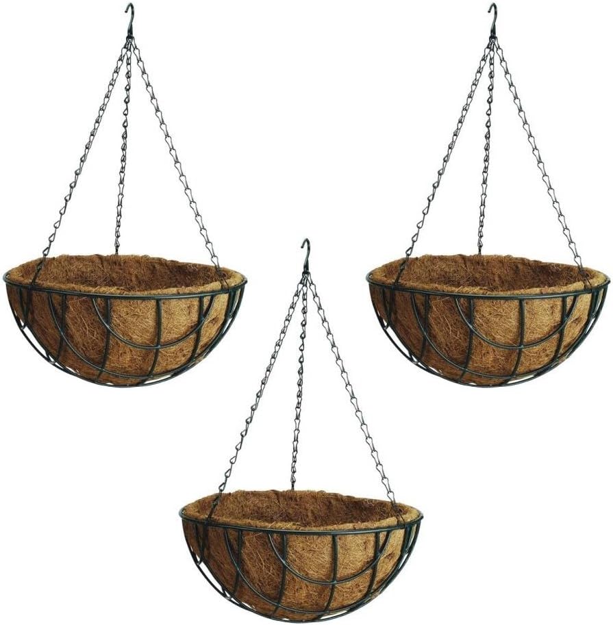 Rocky Mountain Goods Hanging Flower Basket with Natural Coconut Liner - Thick Coco Liner Hanging Planter for Less Watering - Extra Strength Chain and Hook Included (3, 14")