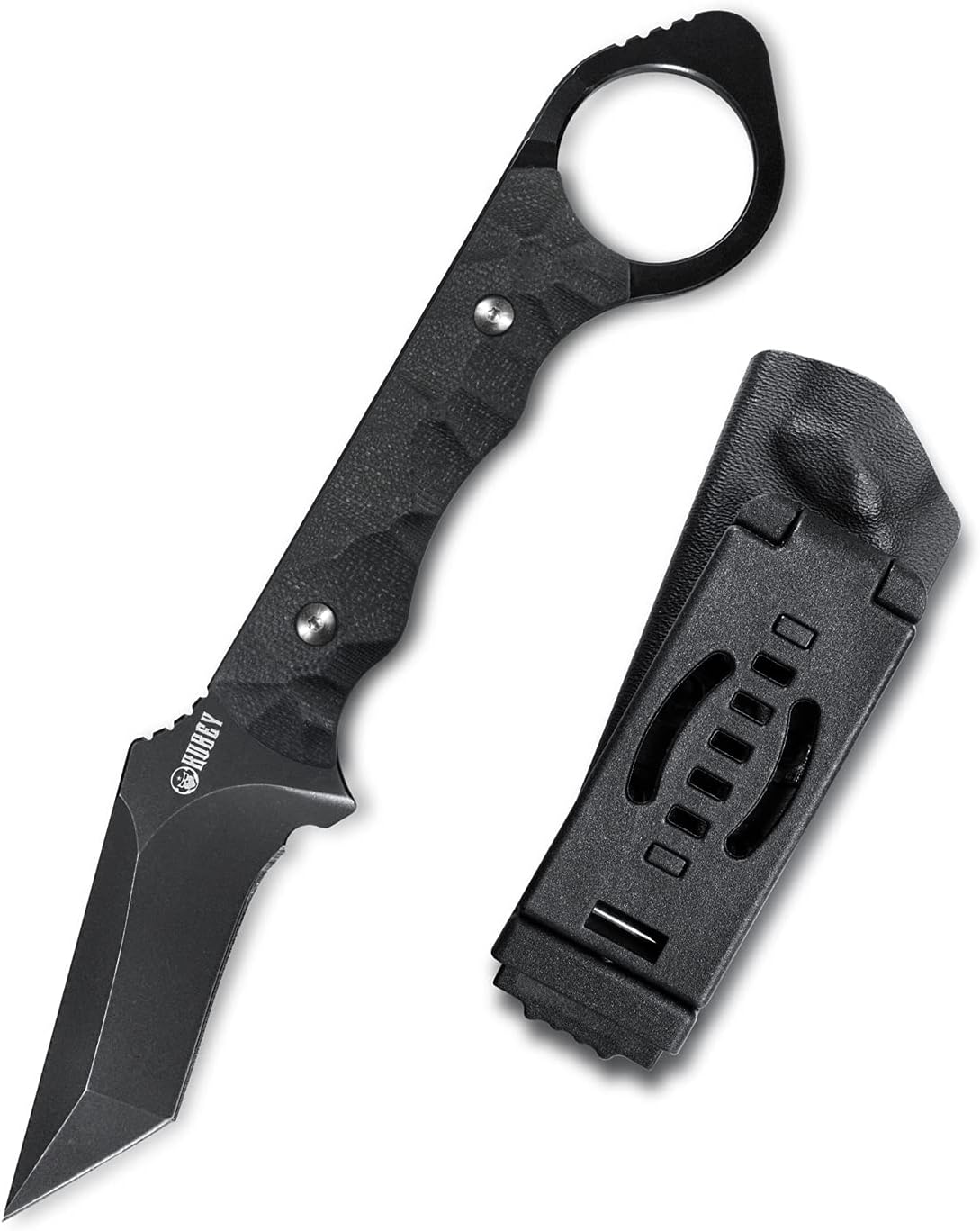 KUBEY WOLF E-CQC KU320 Fixed Blade Edc Knife Tanto D2 Blade and G10 Handle with Black Kydex Sheath Good for Outdoor Hunting and Hiking (Black Stonewashed)