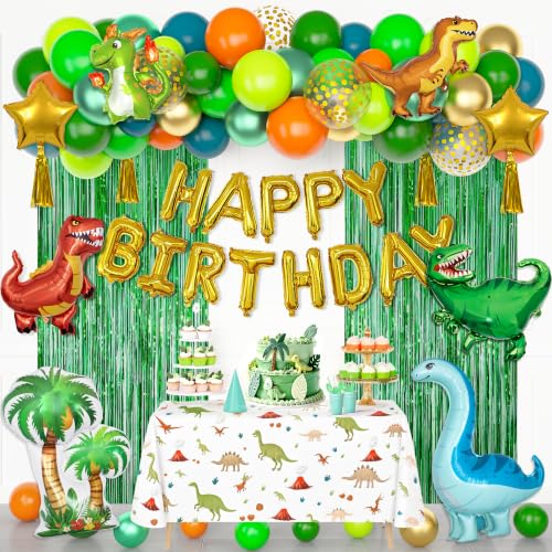 Image of Ouddy Life Dinosaur Balloons Birthday Party Decorations Fringe Curtain | 123Pcs Green Orange Blue Happy Birthday Dino Foil Balloons Garland Arch Kit for Boys Jungle Safari Baby Shower Party Supplies
