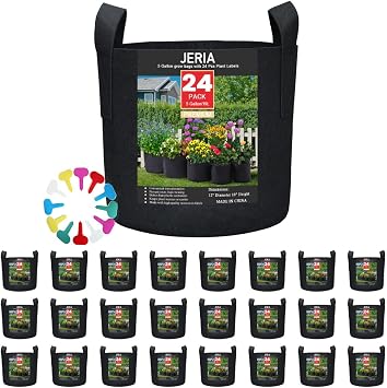 JERIA 24-Pack 5 Gallon Nonwoven Grow Bags, Plant Grow Bags,Heavy Duty Aeration Fabric Pots with Durable Handles, Come with 24 Pcs Plant Labels