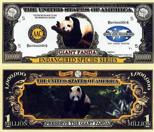 Endangered Giant Panda Million Dollar Bill - Pack of 5 Bills