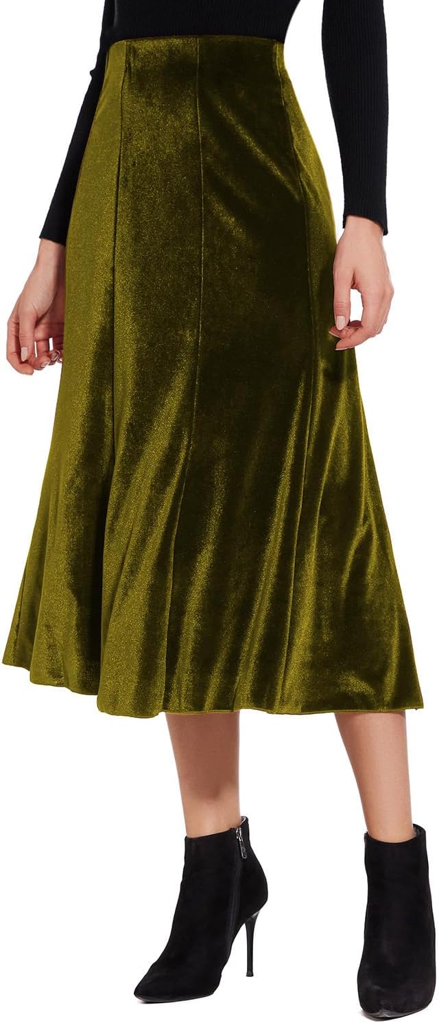 Women’s Elegant Vintage Velvet Midi Skirt Flowy 8-Panel Design