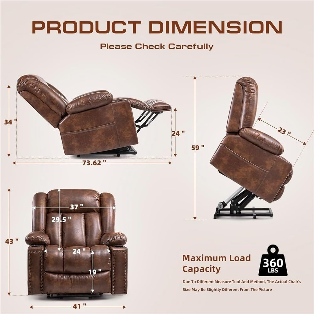 Large Power Lift Recliner Chair with Heated Massage Adjustable 3 Position Overstuffed Sofa Breathable Leather Cup Holder Side Pocket Electric Recliner for Living Room