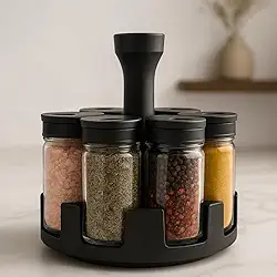 Porta Temperos Giratório 360° com 6 Potes de Vidro – Tampa Dosadora Preta – Linha Premium