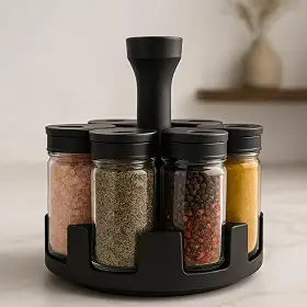 Porta Temperos Giratório 360° com 6 Potes de Vidro – Tampa Dosadora Preta – Linha Premium