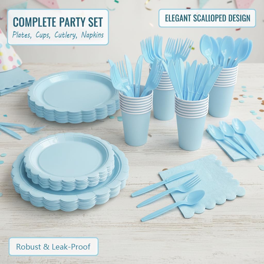 Nihaoya Blue Gender Reveal Party Supplies, 700 PCS Disposable Plates & Cutlery Set for 100 Guests, 100-Pack of 7 & 9 Inch Scalloped Paper Plates, Forks, Spoons, Knives, Cups, Napkins
