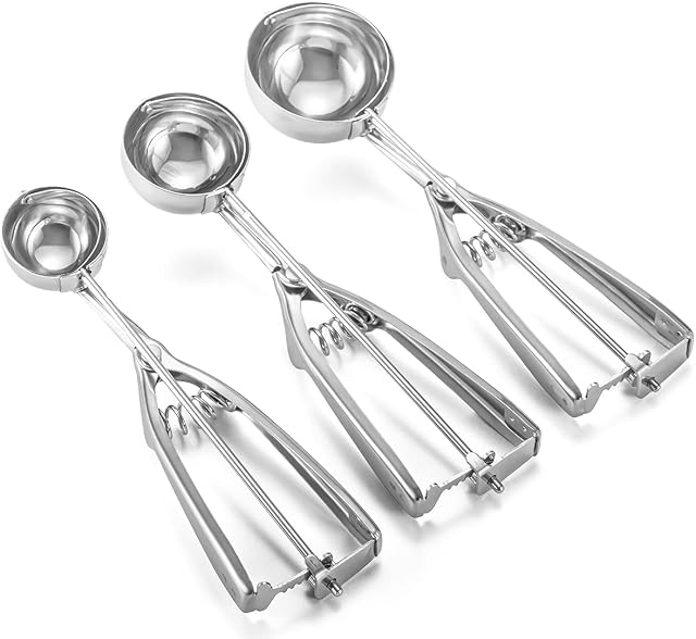 HORRAu 3 Pack Ice Cream Scoops with Easy Trigger - Large 6CM, Medium 5CM, Small 4CM, Stainless Steel Metal Cookie Dough Scoop for Watermelon, Mashed Potato, Meatball and Muffins