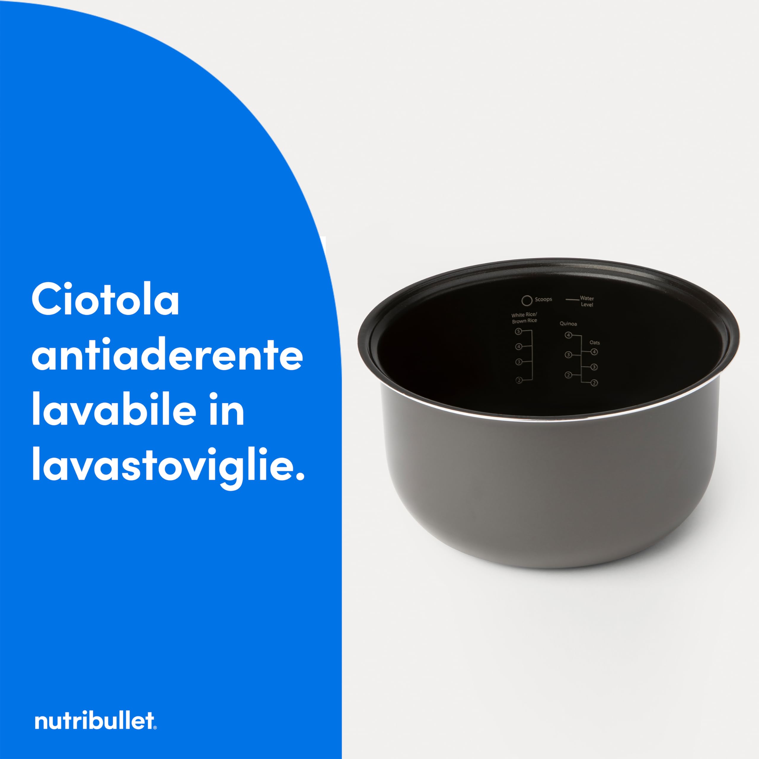 nutribullet EveryGrain Cooker - Cuociriso Multifunzione, Vaporiera Riso e Cereali, 10 Tazze, con 5 Programmi Automatici, Funzione Mantieni Caldo 12h, con Cucchiaio e Cestello, 600W, Grigio (NBRC605DG)