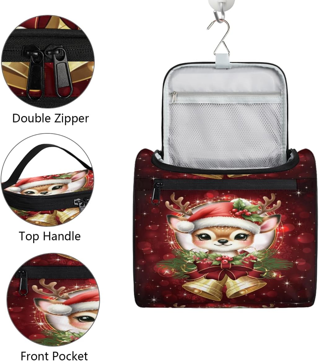 cfpolar Toiletry Bag for Women, Christmas Bells Elk Holly Hanging Travel Toiletry Bag, Water-resistant Cosmetic Makeup Organizer for Toiletries and Cosmetics, Bathroom Shower Bag with Handle and Hook