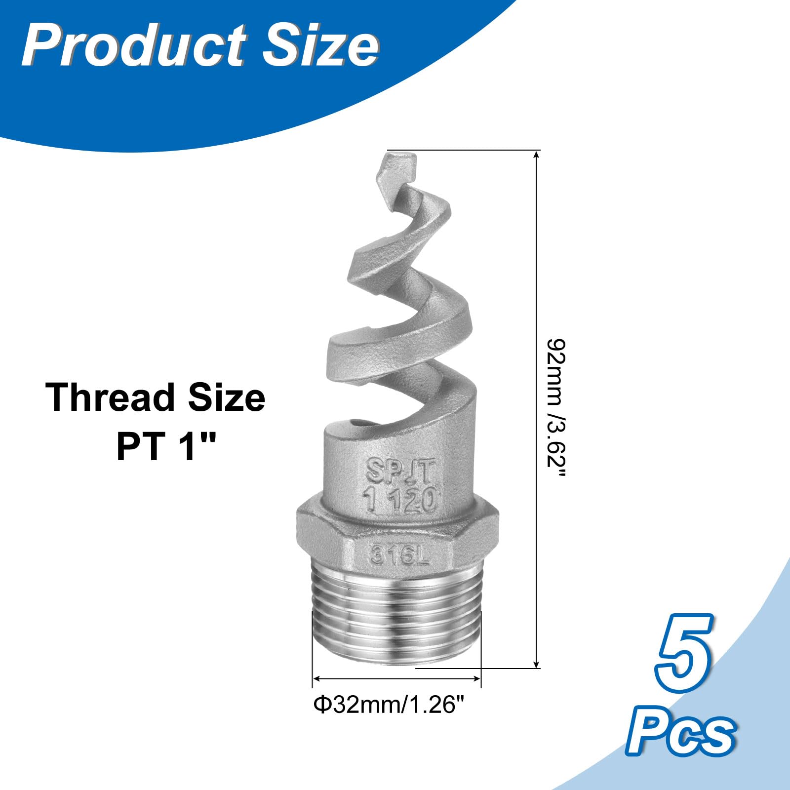 sourcing map 5 ugelli a spirale conici, PT maschio da 2,5 cm, in acciaio inox 316L, per rimuovere la polvere, spruzzatore atomizzatore, irrigatore per irrigazione da giardino, raffreddamento a gas