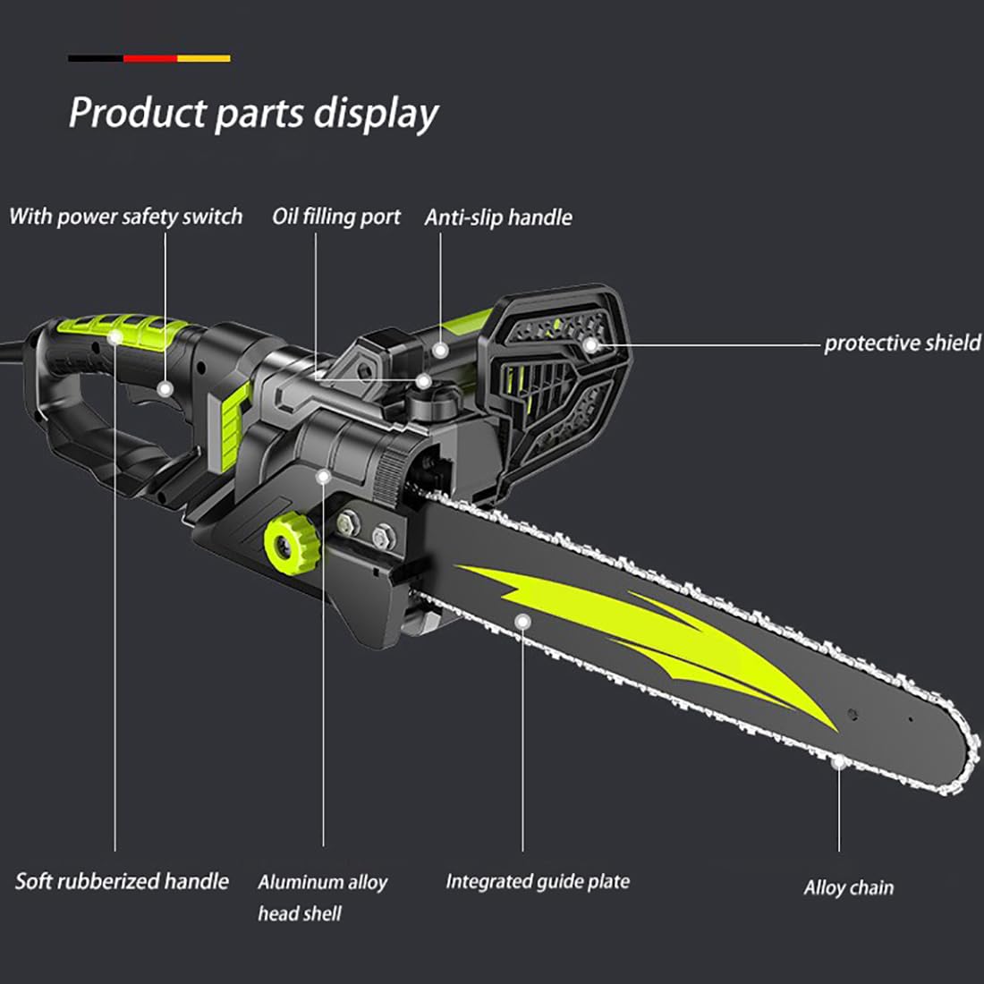Motosierra eléctrica de 16", motosierra con cable de 3,5 kg, engrasador automático, protección contra contragolpes, tensor de cadena sin herramientas, con bloqueo de seguridad