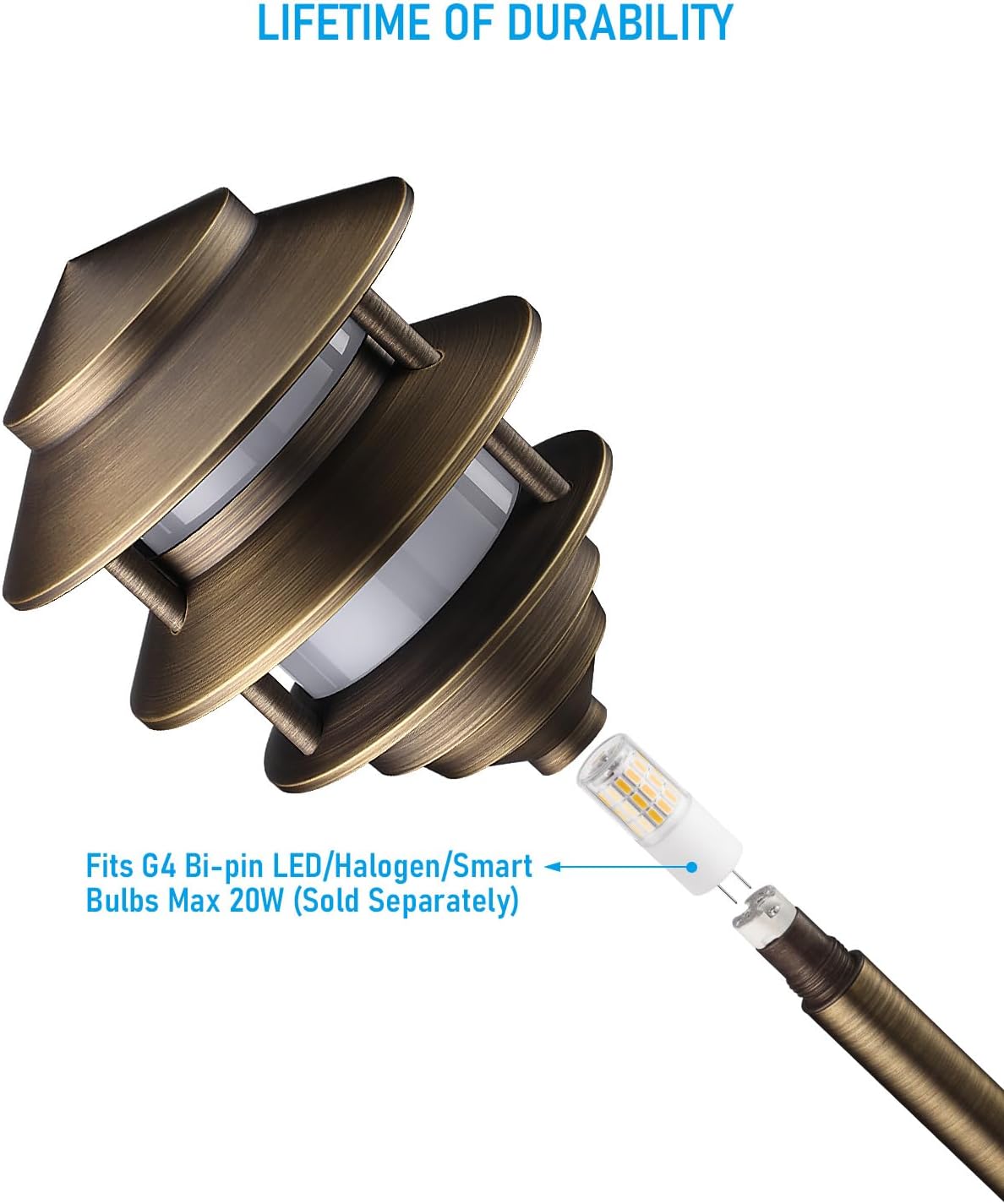 LEONLITE 3-Tier 12V Cast Brass Pagoda Path Light, for Low Voltage Landscape Lighting on Pathway, Garden, Work with G4 Bulb, (Bulbs Not Included), IP65, 20.28'' Tall, 5.91'' Shade, Bronze, Pack of 4