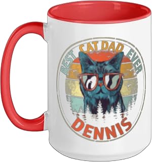Dennis Best Cat Dad Ever Funny Custom Personalized Name Ceramic Mug, Red/White, 15oz