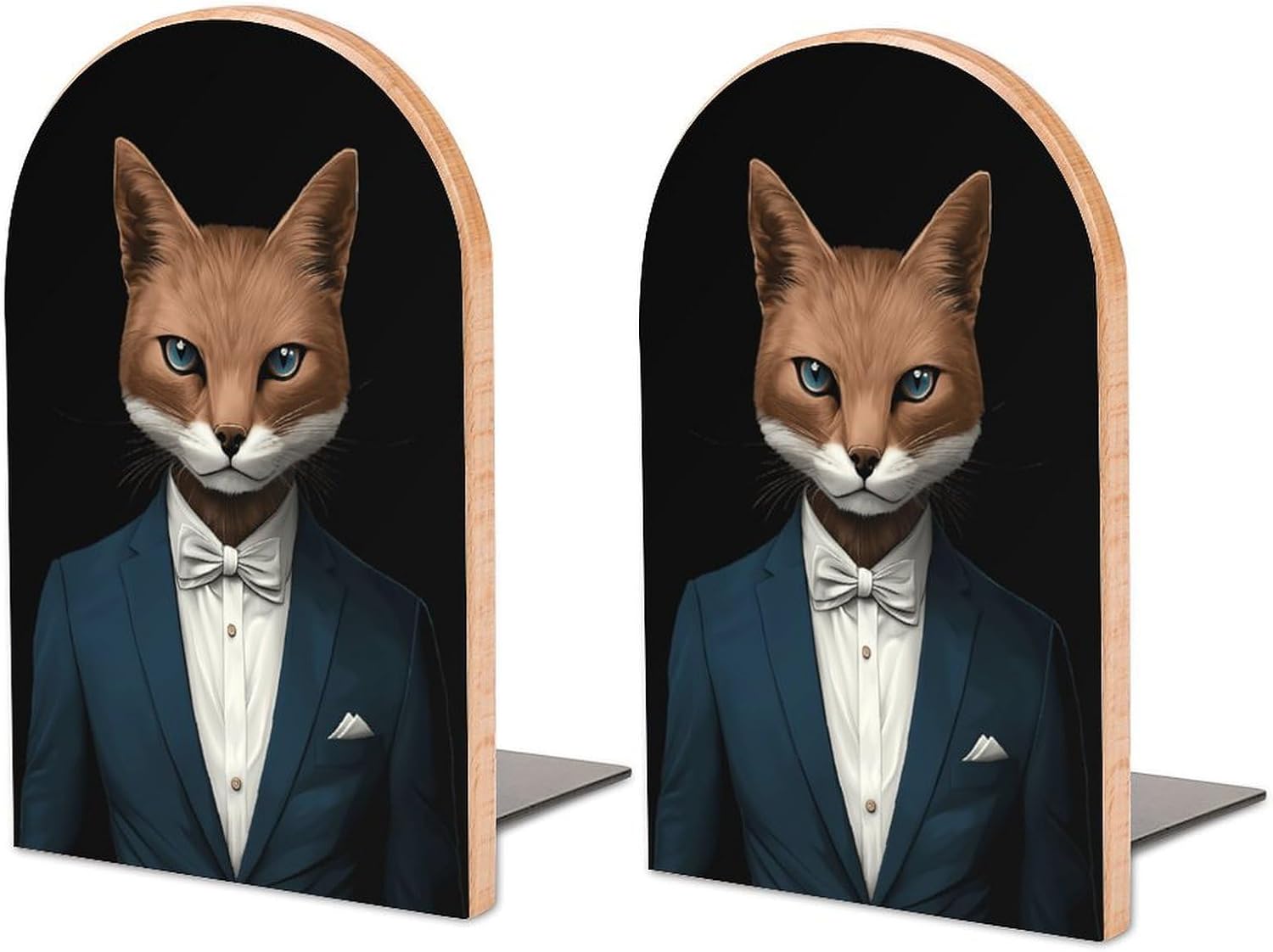 Handsome Fox1 Cute Wood Book Ends Decorative Bookends 1 Pair Non-Skid for Shelves Home Office 7 X 5 Inch