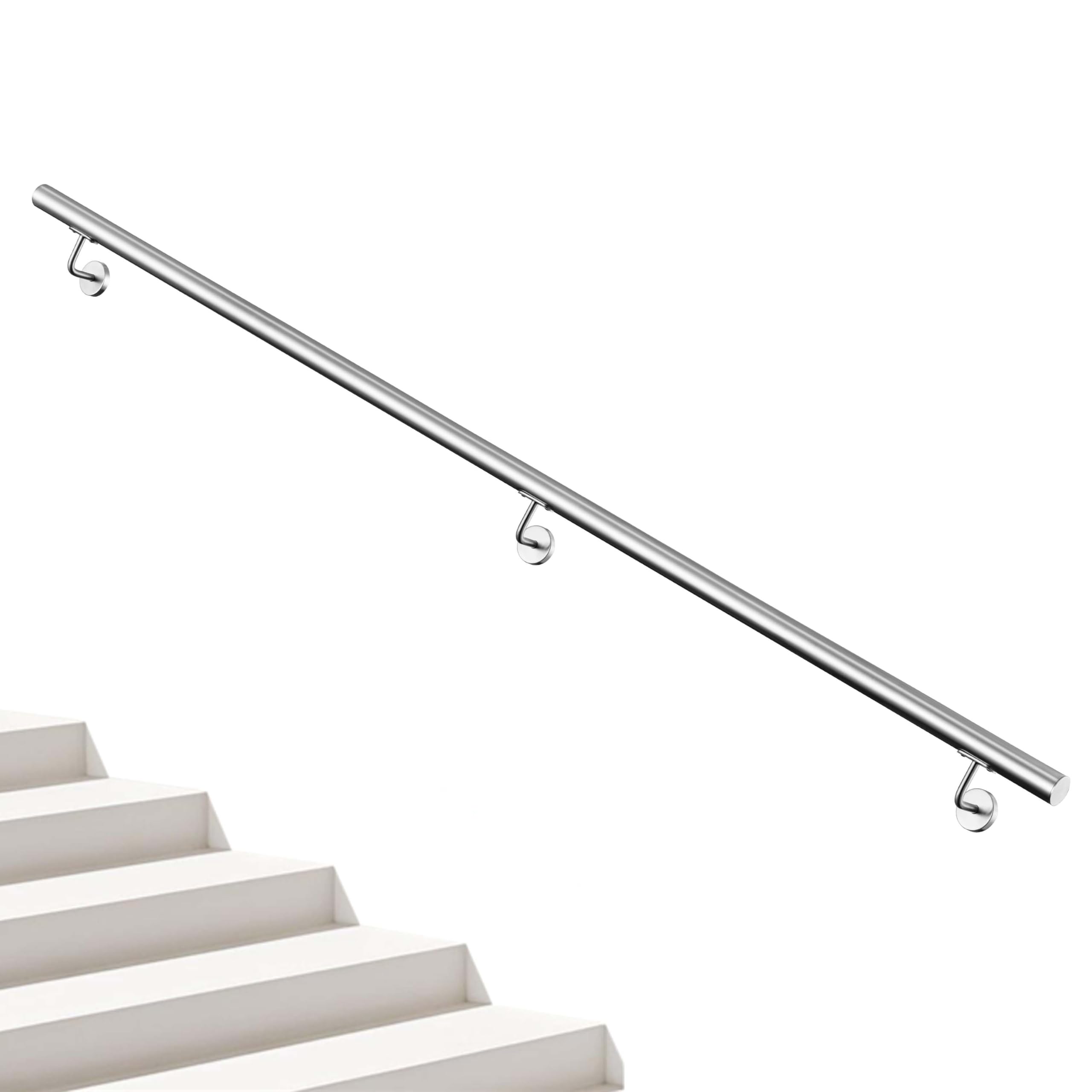 AICA Barandilla de escalera, Pasamanos de acero inoxidable 304 cepillado, 240 cm con 3 Soportes, para Interior y Exterior