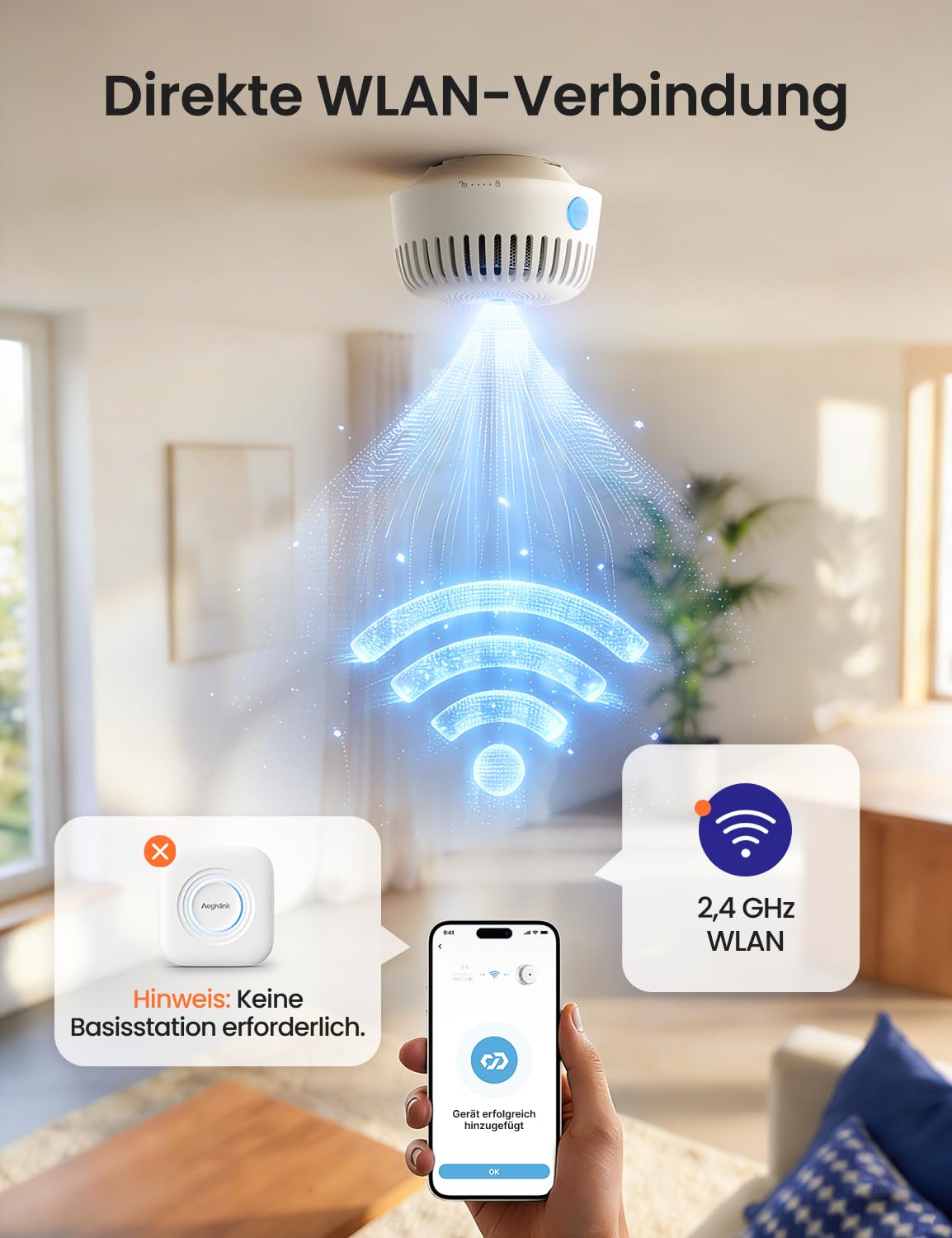 AEGISLINK Smarter Rauchmelder mit Magnethalterung und ohne blinkende LED, 85 dB, Mini-Design, Echtzeit-Benachrichtigungen, Freigabefunktion, ASW-iR, 1 Set