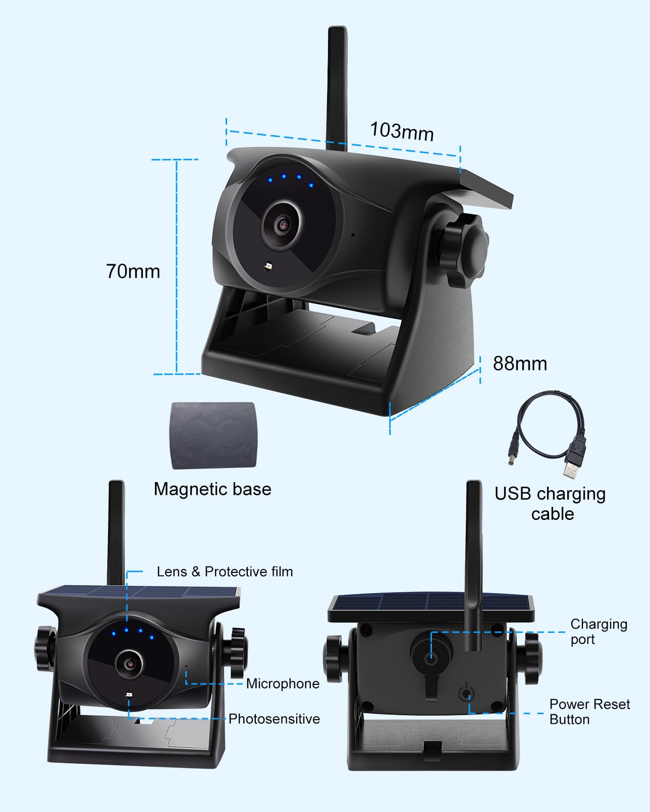 1080P - Telecamera per retromarcia a energia solare, senza fili, con visione notturna, 365 giorni, IP66, batteria ricaricabile per rimorchi, camper, camion, auto, compatibile con cellulare Android