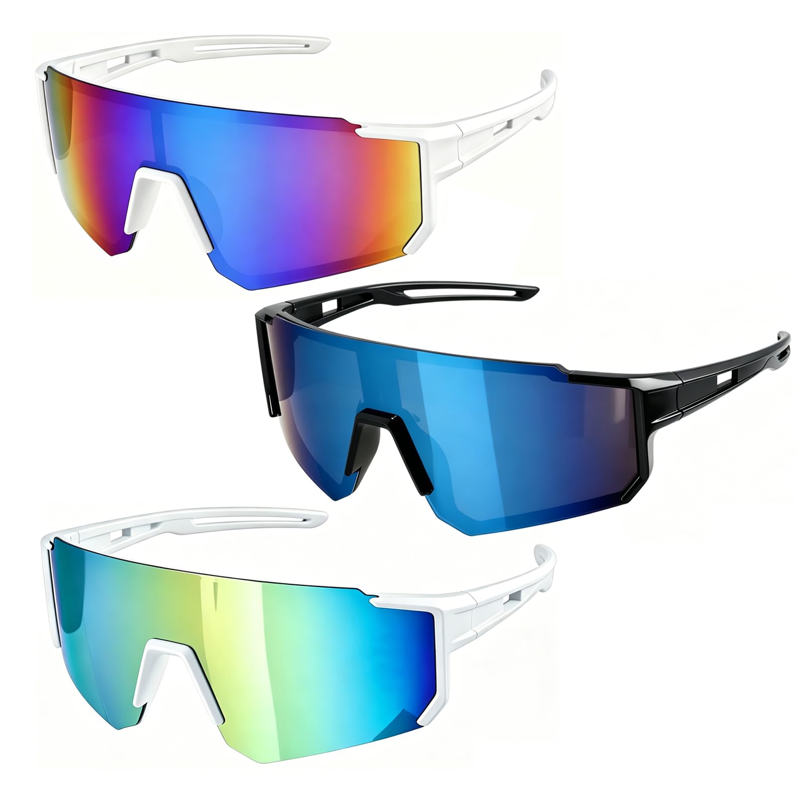 Lot de 3 Lunettes de Vélo Non Polarisées Sport Homme Femme, Lunettes de Soleil Running UV400 Protection Anti-UV, Accessoire Cyclisme pour Course à Pied Triathlon Moto Golf Plein Air