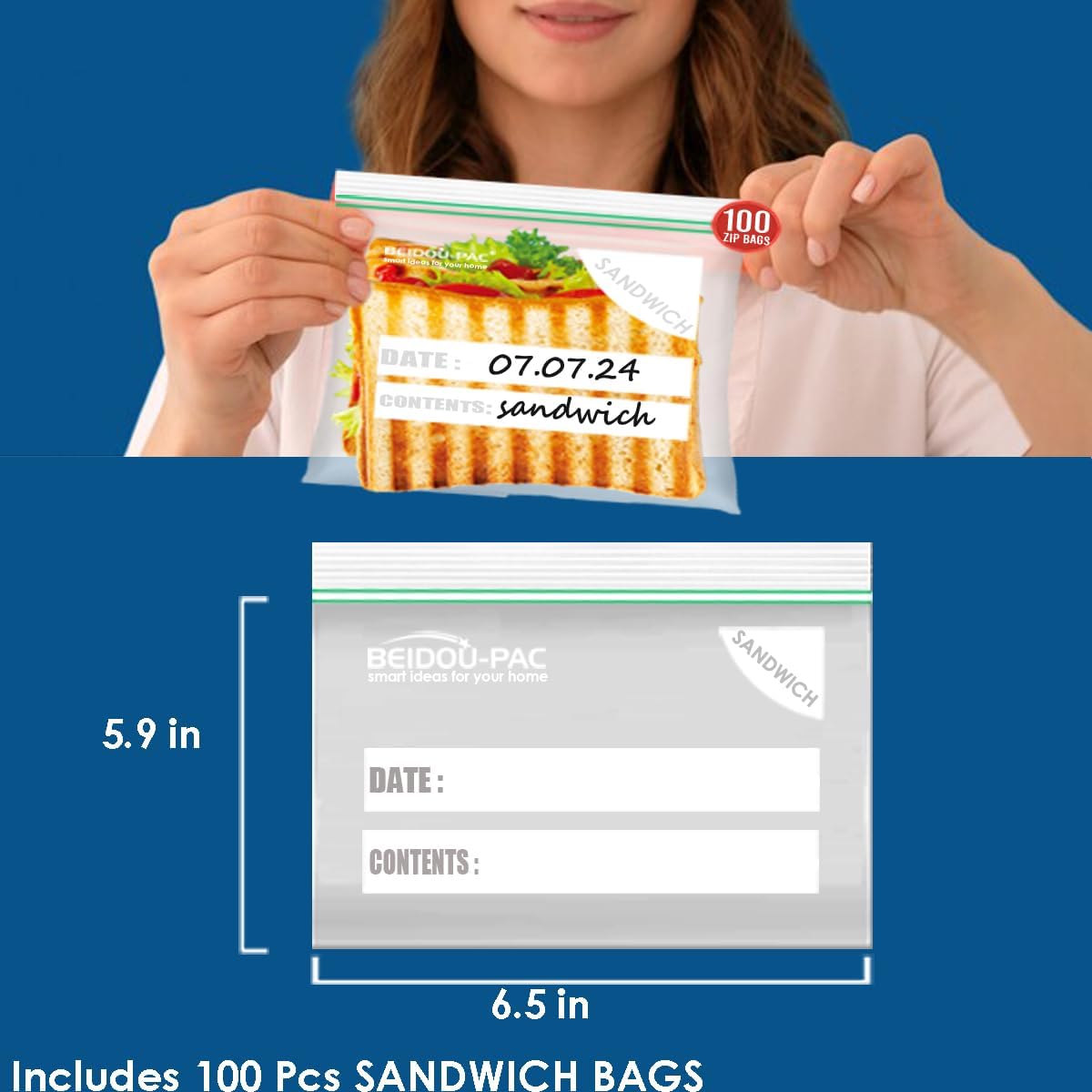 Sandwich Storage Zip Bags for Food On the Go, 600 Count | Double Zipper | 6.5" * 5.9", Freshness Easy Open Reclosable Clear Plastic Bags