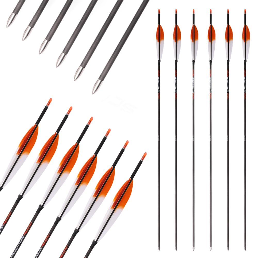 12 pz ID 4,2 mm Frecce in Puro-Carbonio Spine 300 350 400 500 600 700 800 900 1000 1100 1300 1500 1800, Arancione Bianco Gradient Colour Piuma di Tacchino per Pratica di Tiro con L'Arco e Caccia