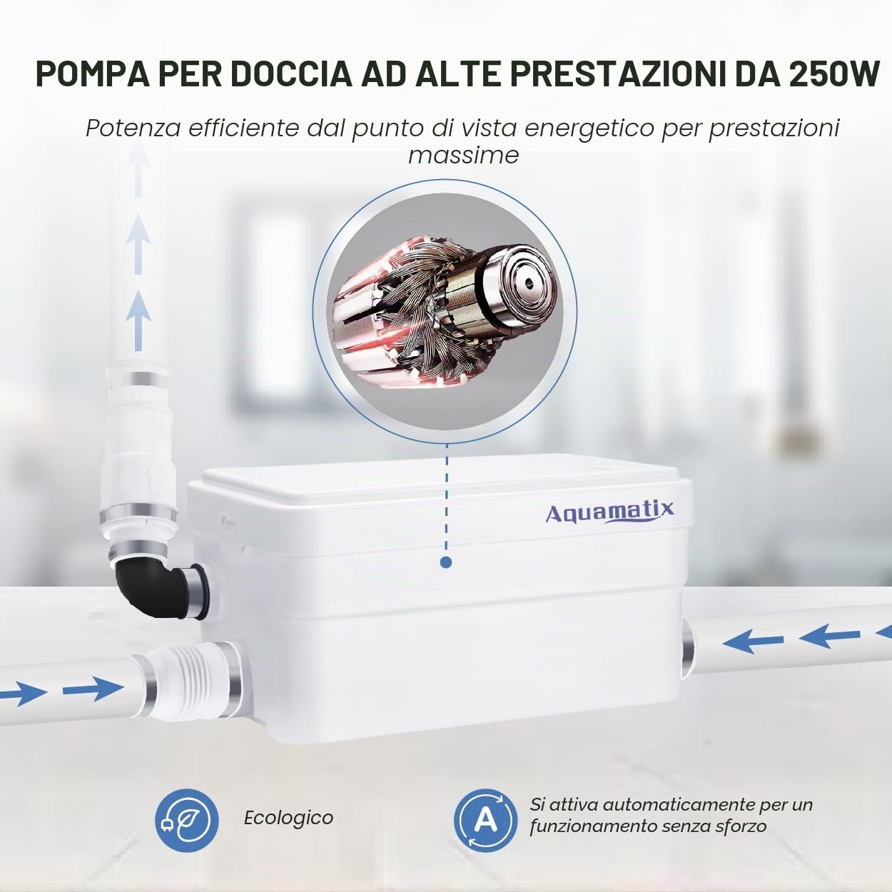 Aquamatix Duscha Pompa Doccia 250W Trituratore Pompa Maceratore 10m Distanza di pompaggio verticale 135L/min per docce, lavandini 2 ingressi con filtro a carbone