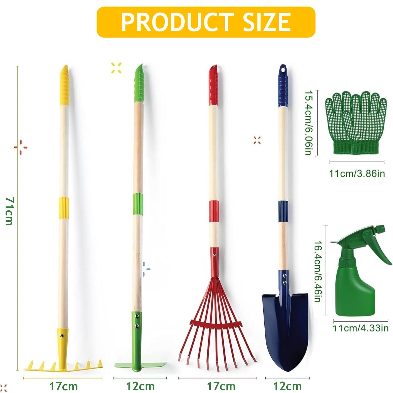 LATERN 6Pcs Kids Gardening Tools Set, 71CM Metal Garden Tools Large Shovel Rake Hoe Leaf Rake with Wooden Handle - Image 4
