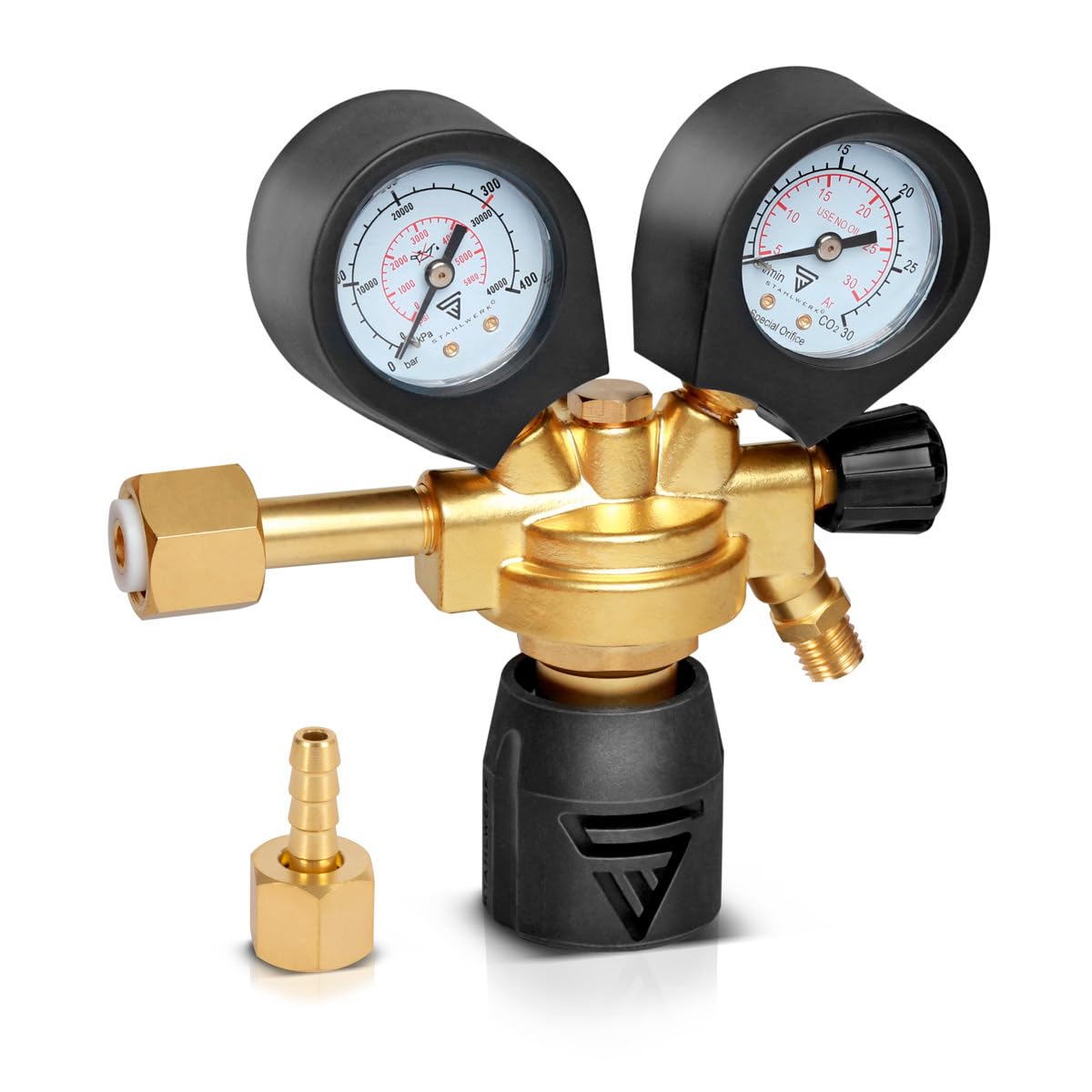 STAHLWERK Druckminderer ST-300 Pro – bis 300 bar, aus hochwertigem Messing, nach DIN EN ISO 2503, für Argon, CO2, Mix 18 & Schutzgase, mit W21,8 x 1/14" Gewinde, stufenlos regelbarer Druckregler