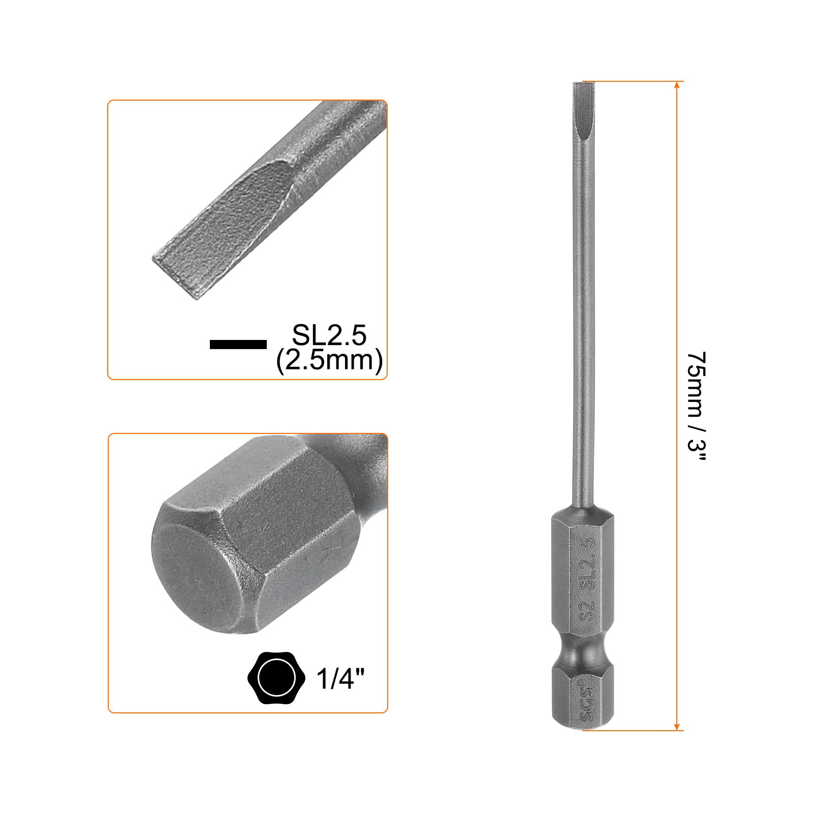 QUARKZMAN SL2,5 Punte per Cacciavite a Taglio Magnetica 2,5mm S2 Punta Cacciavite a Testa Piatta Acciaio 1/4" Grado Industriale Gambo Esagonale 3" Lungo per Rimuovere Viti Fissaggio