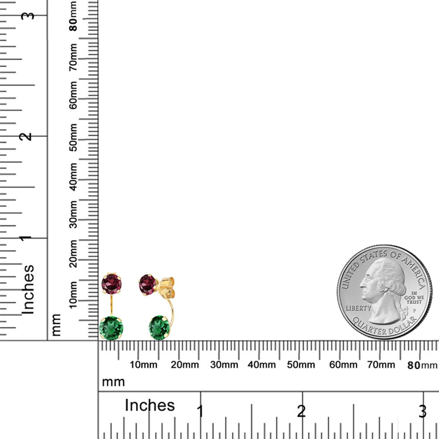 Gem Stone King 14K Yellow Gold Green Nano Emerald and Red Rhodolite Garnet Stud Earrings for Women | 2.74 Cttw | Gemstone May Birthstone | Round 6MM