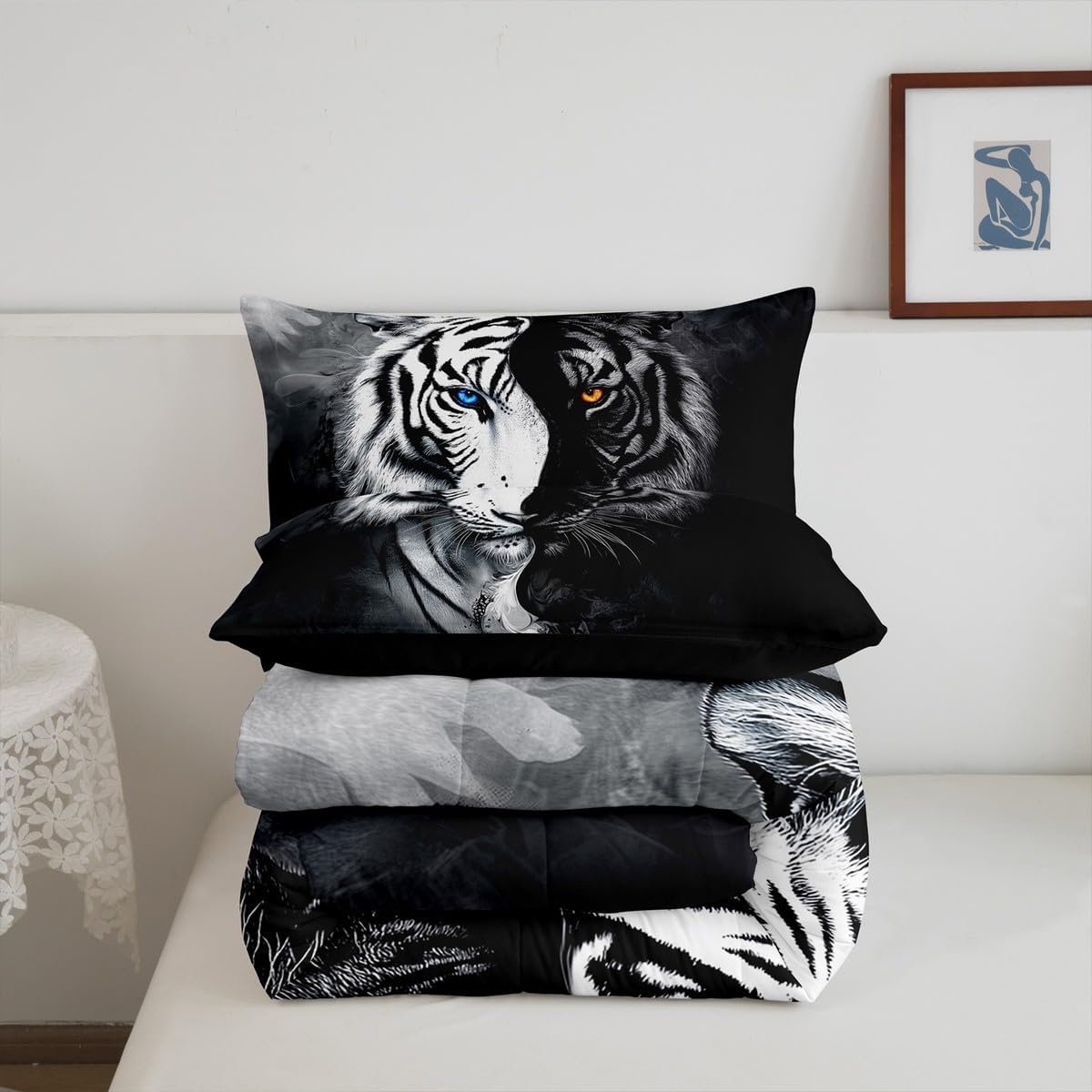 Erosebridal Tiger Comforter Set Queen African Safari Animal Bedding Set Black and White Stripes Down Comforter 3D Wildlife Quilt for Boys Teens Adult Men Women Bedroom Decor with 2 Pillow Cases