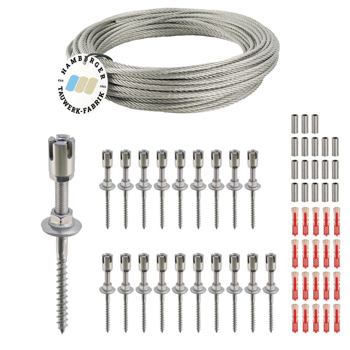 Rankhilfe/Ranksystem ''M'' aus Edelstahl - Wandabstand 50mm (Set 8) mit 20 Wandhaltern und 50m Drahtseil