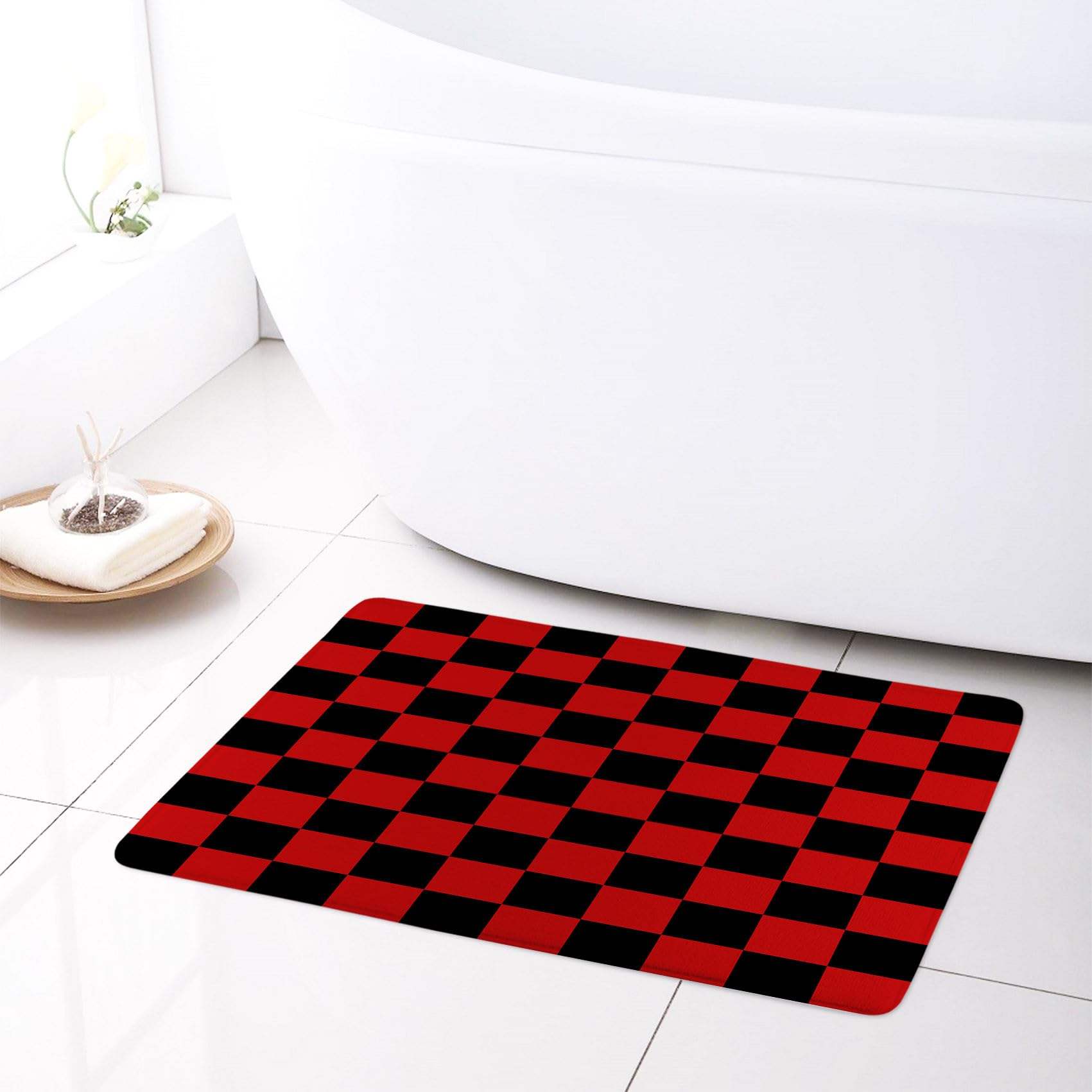 LB Cuadros Escoceses Negros y Rojos Alfombra de Baño Resumen a Cuadros Felpudo 60x40cm Geométrico Moderno Suave Absorbente Lavable Alfombra del Piso para Baño Habitación Interior