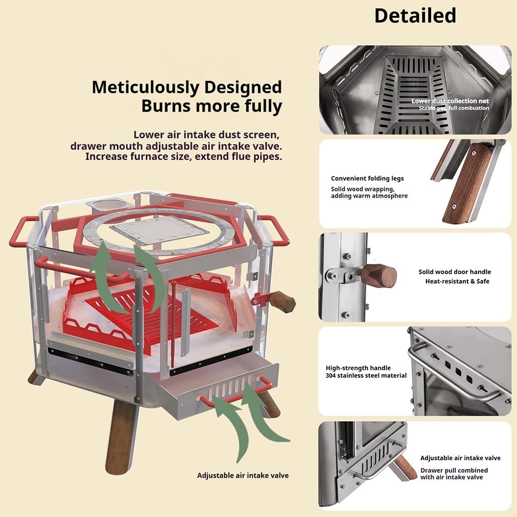 Hexagon Wood Stove with 5-Side Panoramic Glass & Airwash, 6-Sided Tent Heater for Camping, 304 Stainless Steel, Outdoor Backyard Patio Warmer and Cooker