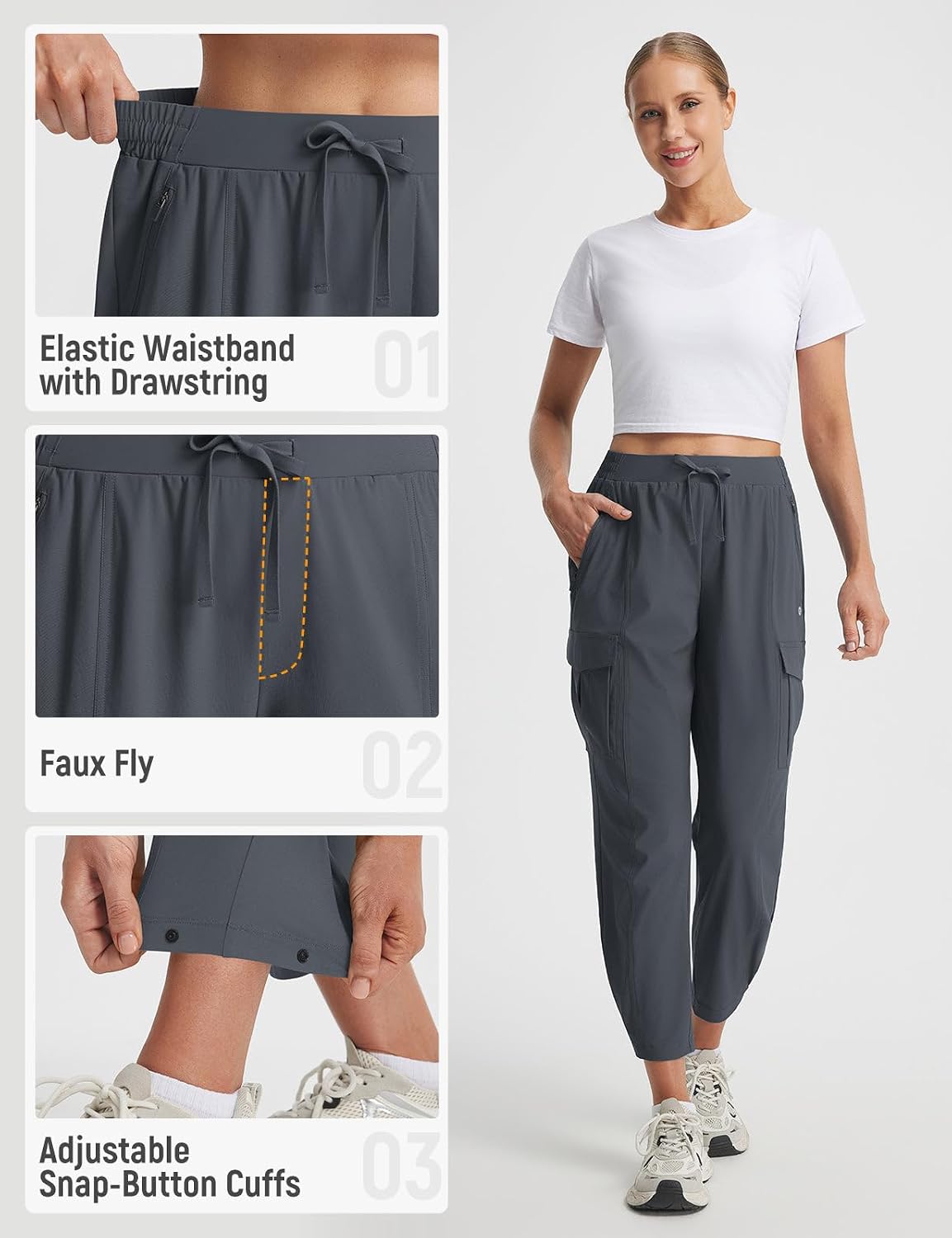baleaf Women's 26'' Travel Hiking Pants Petite Stretch Quick Dry Cargo Ankle Pants with Zipper Pockets Summer Lightweight
