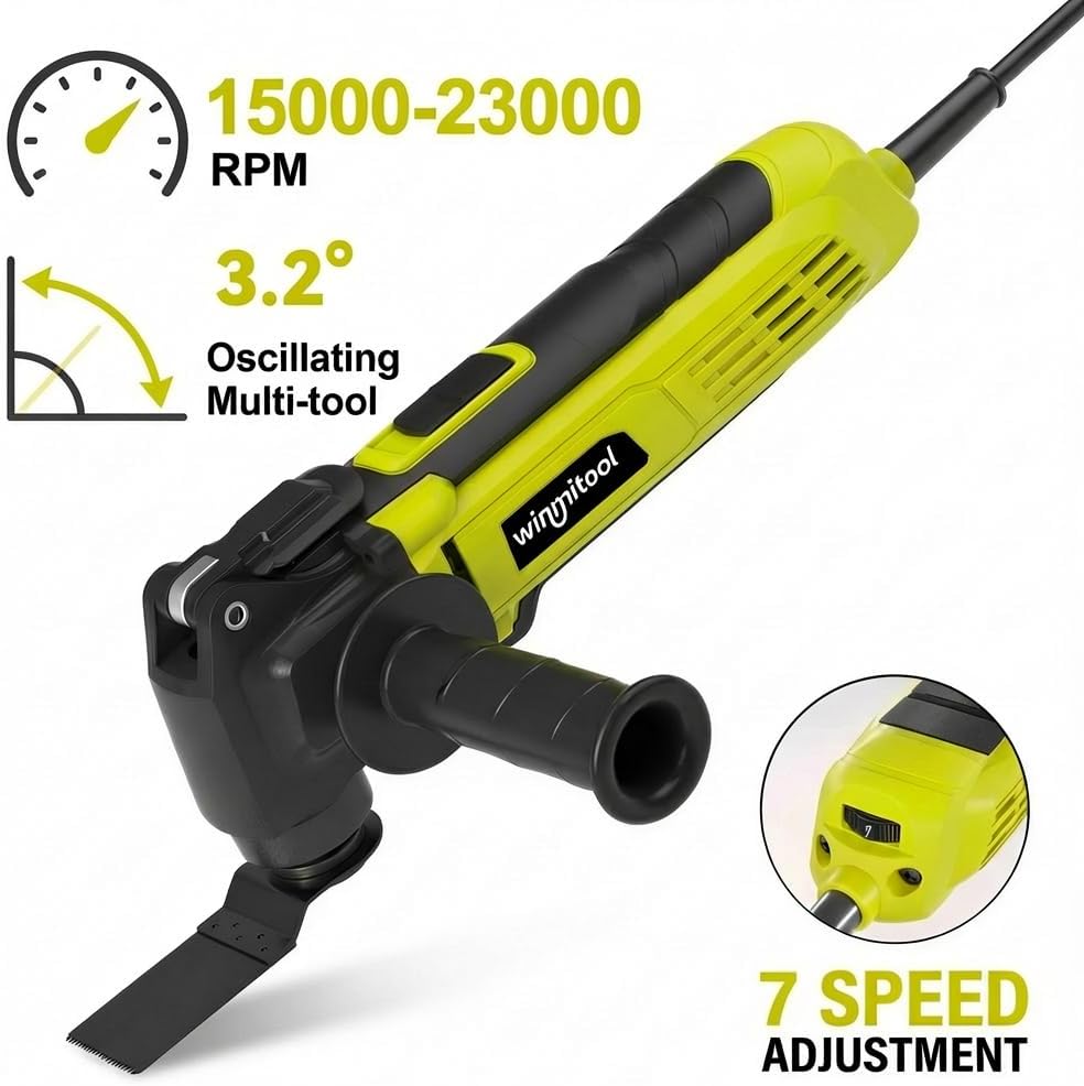 Electric Oscillating Tool, 2.5-Amp Oscillating Multi Tool with 3.2° Oscillation Angle, 7 Variable Speeds and 26 pcs Saw Accessories, Auxiliary Handle and Carrying Bag(Green)