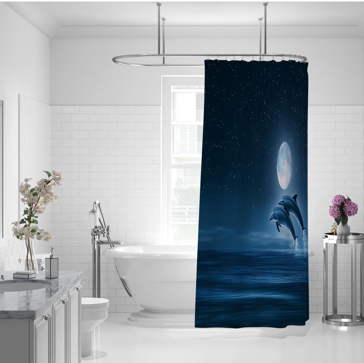 Moonlit Dolphins Design Ocean Night Magic i Celestial Marine wodoodporna zasłona prysznicowa poliester można prać w pralce 180 x 200 cm