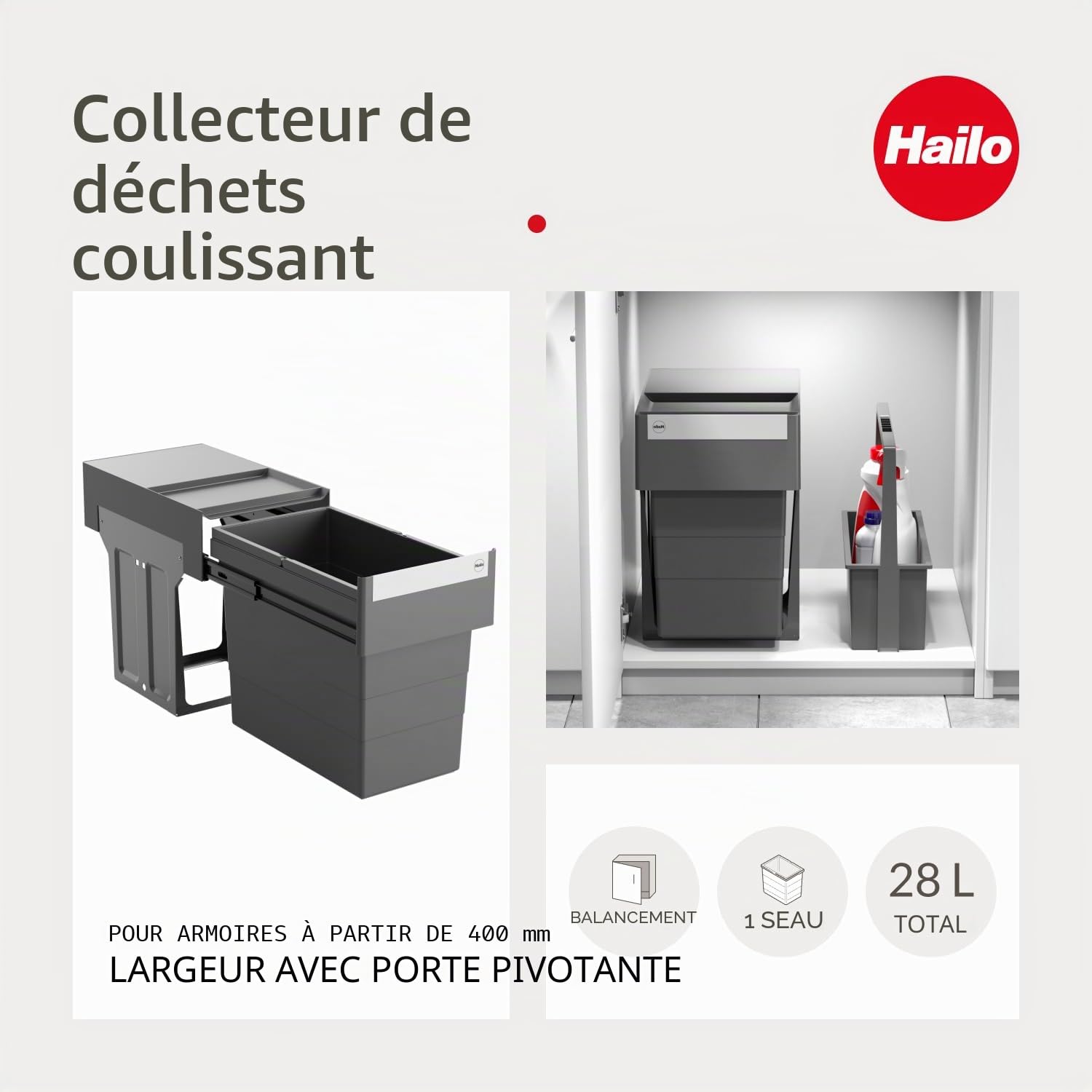 Hailo Poubelle 3666911 - Single Box 28 l - Pour armoires inférieures à partir de 40 cm - Extension télescopique à la main - Anthracite (1 x 28 l)