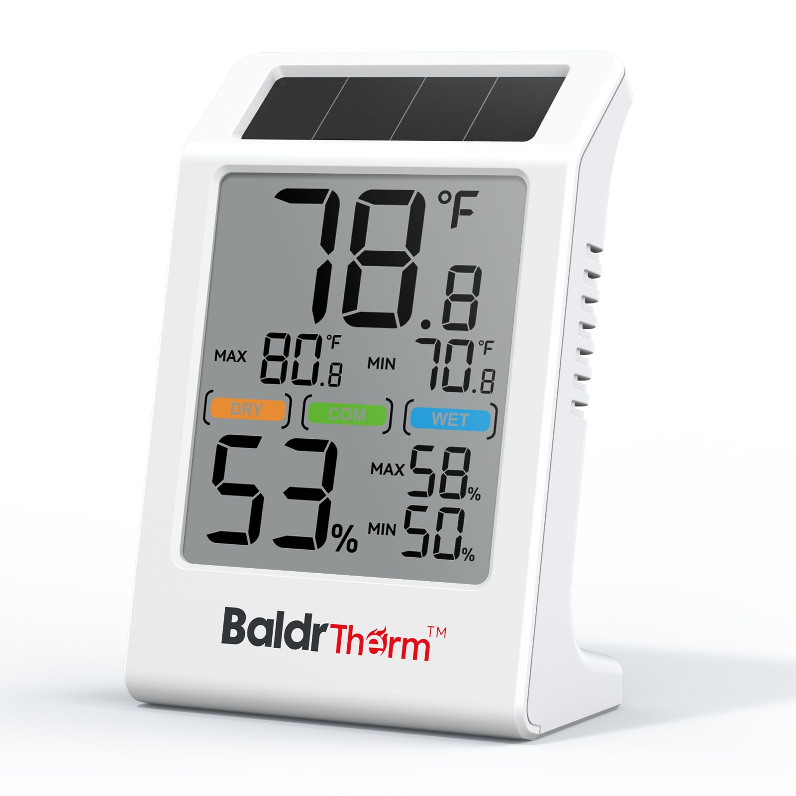 BaldrTherm Room Thermometer Indoor Humidity Meter Solar Powered with Max/Min Memory & Comfort Indicator - 3.2" Large Display for Home, White, 1Pack-image-8