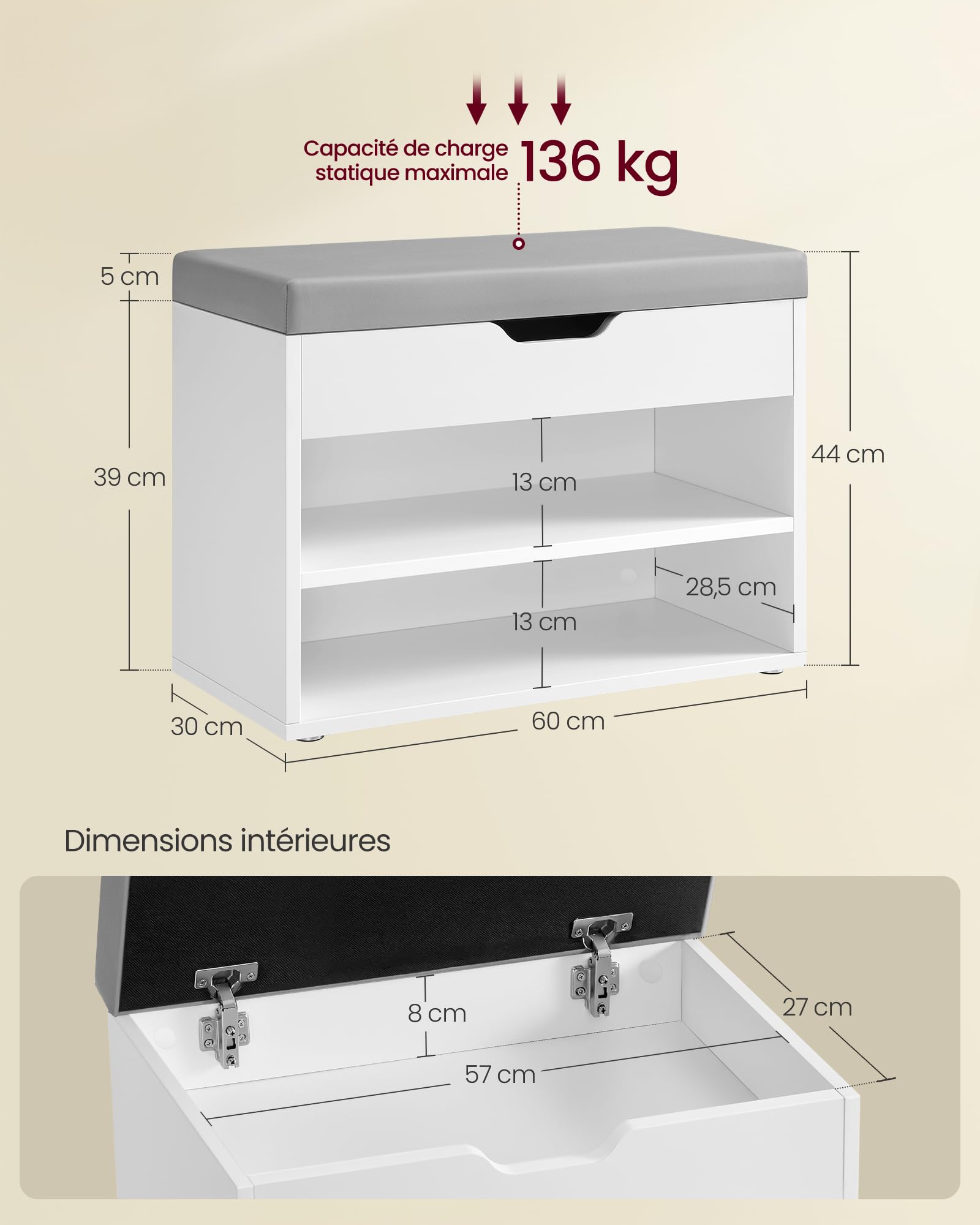 VASAGLE Custos Collection - Banc à Chaussures, Meuble à Chaussures, Siège Rembourré, Banc d’Entrée, Compartiments, pour Entrée, Chambre, Salon, Blanc Nuage et Gris Tourterelle LHS020W01V1