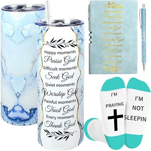 4 PCS Christian Gift for Women Includes 20 Oz White Marble Tumbler Cotton Socks Bible Religious Notebook and Pens, Pastor Appreciation Gifts for Sunday School Church Welcome Christmas Present