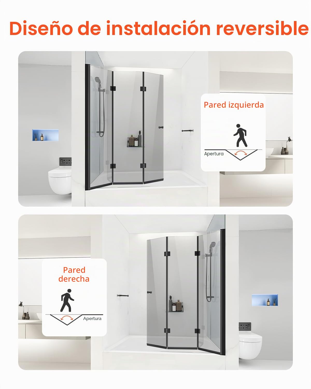 VEVOR Puerta de Ducha para Bañera 1295 x 1422 mm, Puerta de Ducha Plegable de Tres Pliegues sin Marco con Bisagras, Puerta de Vidrio Templado Giratoria de 180°, Grosor de Vidrio de 6 mm, Negro