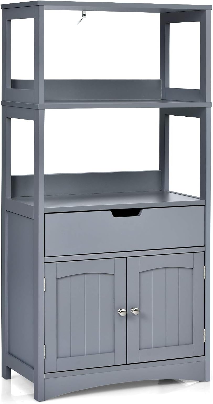 CASART Bathroom Storage Cabinet, Wooden Floor Cupboard with Open Shelves, Drawer and Doors, Freestanding Storage Units for Living Room Kitchen Office (Grey)